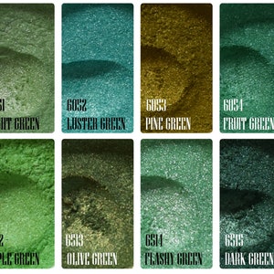 May include: A collection of green eyeshadow samples, each labeled with a number and a descriptive name. Colors range from light to dark, including shades like "Fresh Green," "Luster Green," and "Blackish Green." The image showcases a variety of green hues.