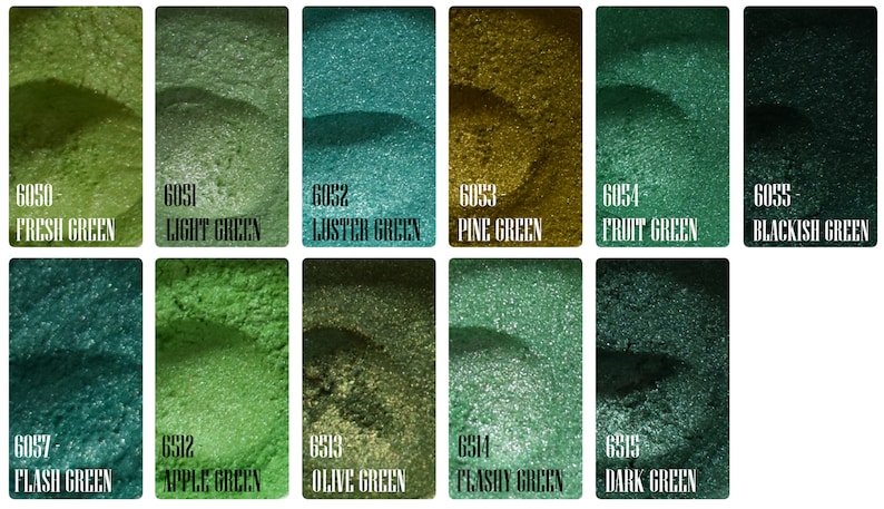 May include: A collection of green eyeshadow samples, each labeled with a number and a descriptive name. Colors range from light to dark, including shades like "Fresh Green," "Luster Green," and "Blackish Green." The image showcases a variety of green hues.