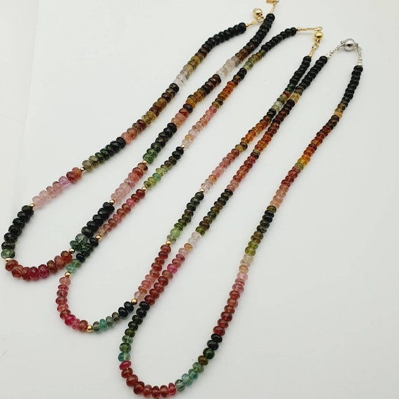 14k Gold-filled Three-Strand Rainbow Moonstone and Tourmaline Necklace 14k Gold-filled Three-Strand Rainbow Moonstone and Tourmaline Necklace