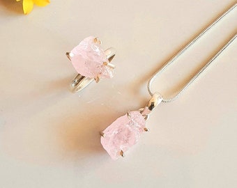 Raw rose quartz rings 925 silver, rough rose quartz pendants, rough rose quartz ring pendant, rose quartz crystal, rose quartz gemstone