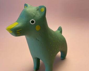 Handmade Green Dog Figurine with Yellow Details | Clay Sculpture