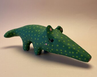 Handmade Green Crocodile Figurine - Spotted Clay Animal Sculpture