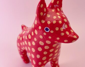 Hand-painted Red Dog Sculpture: Playful Dots and Quirky Charm