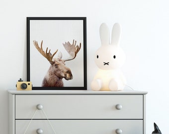 Moose Print - Printable Wall Art - Woodland Nursery Decor, Large Animal Head Photo, Baby Boys Bedroom Poster, Scandinavian Style Photography