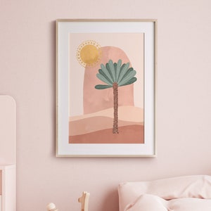 Boho Palm Tree Print ~ Girls Bedroom or Nursery Decor ~ Printable Instant Downloadable Wall Art ~ Illustration, Pink, Rust, Peach, Gold