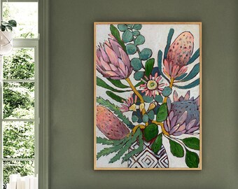 Australische Ureinwohner Blumen Wand Kunst ~ Proatea, Eukalyptus, Banksia, Gummiblüten ~ großes Poster ~ Druckbarer digitaler Download