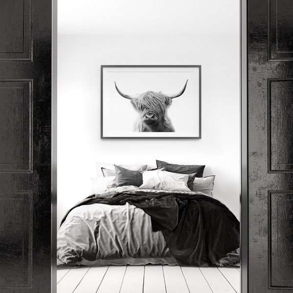 Highland Cow Print - PRINTABLE WALL ART -  black and white photo, farm animal, large poster, digital download, southwestern, farmhouse decor