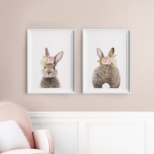 Girls Nursery Room Print ~ Bunny Rabbit Wall Art ~ Pink Flower Crown ~ Set of 2 ~ Printable Instant Digital Download ~ Bedroom Poster