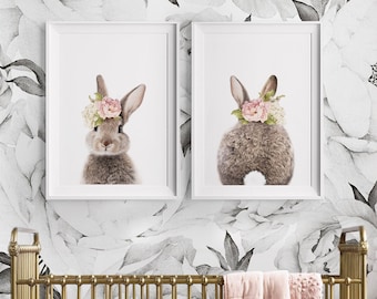 Girls Nursery Room Print ~ Bunny Rabbit Wall Art ~ Pink Flower Crown ~ Set of 2 ~ Printable Instant Digital Download ~ Bedroom Poster