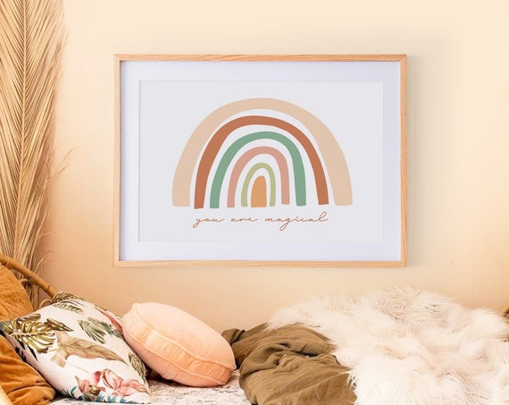 Peach Boho Girl Room Wall Art, Rainbow ~ Printable Digital Download ~ Nursery Poster with Quote You Are Magical