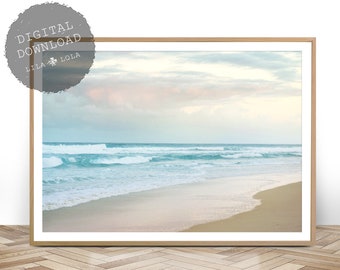 Beach Photography, Ocean Print, Printable Wall Art, Coastal Decor, Digital Download, Water and Clouds, Pastel Pink and Blue, Beach Coastal