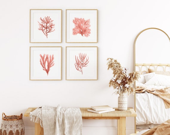 Pink Coral Seaweed Print Set of 4 ~ Printable Wall Art ~ Girls Bedroom Decor ~ Coastal, Beach, Hamptons ~ Digital Download