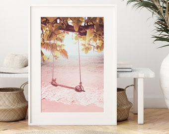 Beach Wall Art Print ~ Summer Topical Decor ~ Pastel Pink and Peach Tones ~ Beachy Swing ~ Digital Download