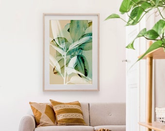 Afdrukbare plant print, abstracte kunst, tropische kunst aan de muur te downloaden, grote botanische aquarel rubberboom blad poster, digitale ficus elastica