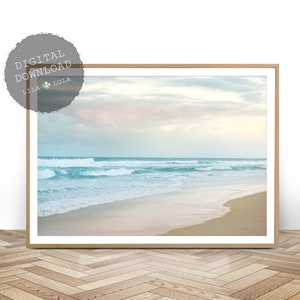 Beach Photography, Ocean Print, Printable Wall Art, Coastal Decor, Digital Download, Water and Clouds, Pastel Pink and Blue, Beach Coastal