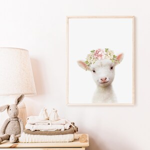 Farm Animal Print ~ Lamb with Floral Crown ~ Girls Nursery Room Decor ~ Printable Digital Download image 2