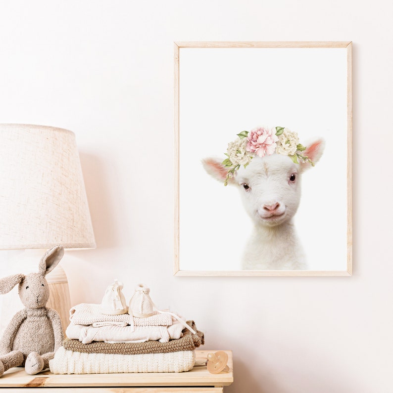 Farm Animal Print ~ Lamb with Floral Crown ~ Girls Nursery Room Decor ~ Printable Digital Download image 2