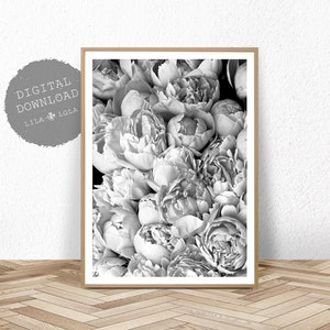 Peony Print, Peonie Wall Art, Printable Photography, Black and White, Digital Download, Bedroom Decor, Floral Poster, Peony Printable