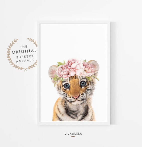 Baby Tiger Wall Art Print, Nursery Animal, Safari Decor, Printable Poster, Pink Watercolor Roses, Girls Floral Bedroom Poster