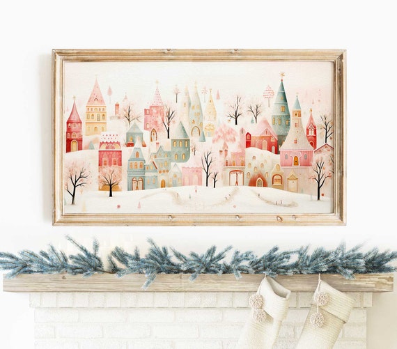 Samsung frame tv art Christmas, frame tv art Village scene, colourful, light and soft pastel, kids pink holiday decor