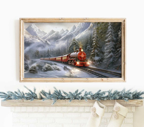 Christmas frame tv art, winter frame TV art, polar express, red train, vintage landscape painting, holiday home decor