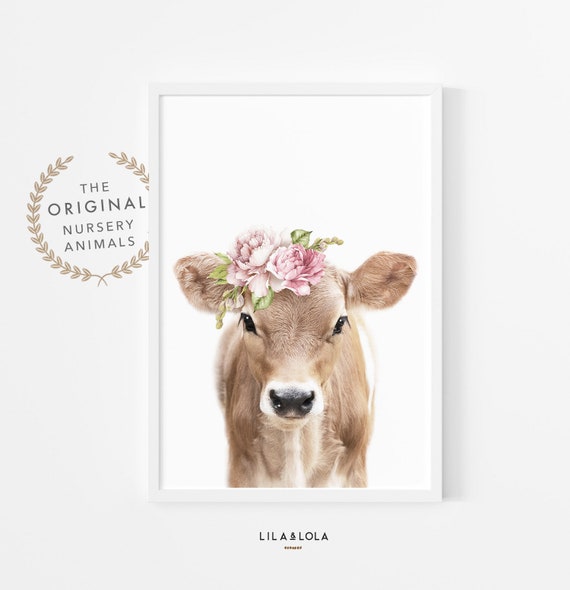 Calf with Flowers Print ~ Farmhouse Girls Nursery Wall Art ~ Baby Cow Farm Animal ~ Printable Downloadable File