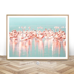 Flamingo Print, Instant Digital Download, Large Printable Wall Art Poster, Birds Photography, Pastel Pink, Blue, Aqua, Tropical Water image 1