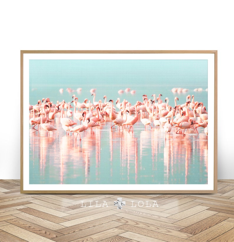 Flamingo Print, Instant Digital Download, Large Printable Wall Art Poster, Birds Photography, Pastel Pink, Blue, Aqua, Tropical Water image 1