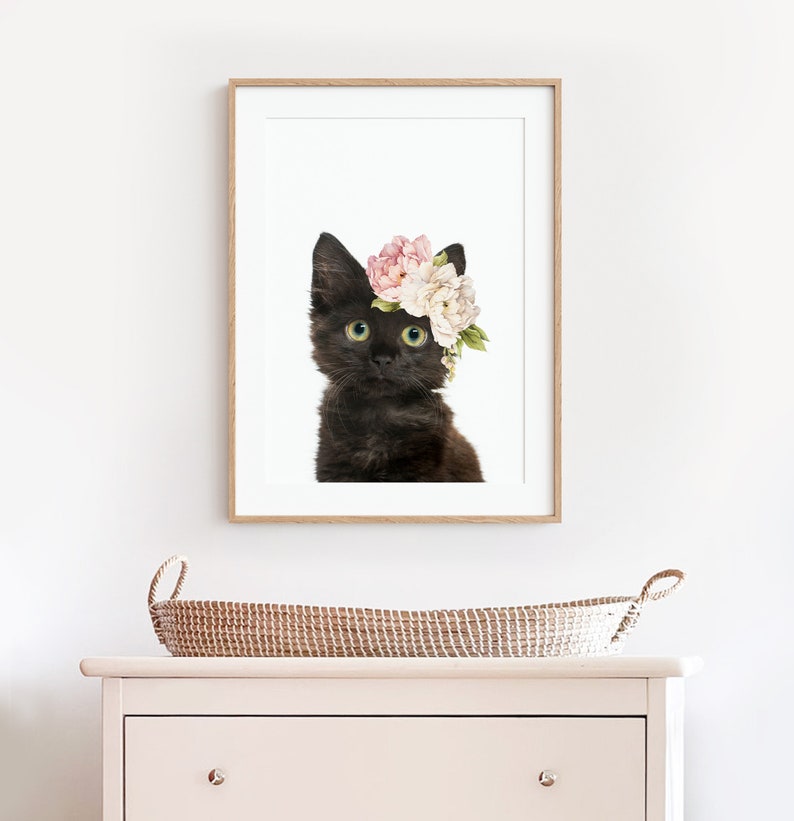 Black Kitten Wall Art Print With Flower Crown ~ Girls Bedroom Decor ...