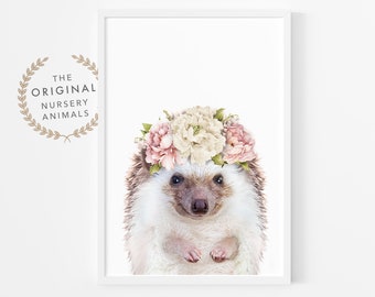 Hedgehog Wall Art Print ~ Woodland Nursery Animal Poster ~ Pink Watercolour Flower Crown ~ Instant Digital Download