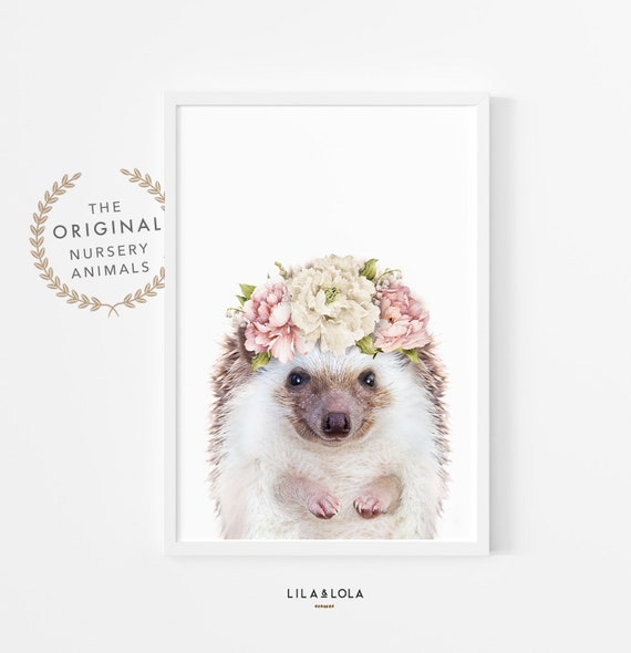 Hedgehog Wall Art Print ~ Woodland Nursery Animal Poster ~ Pink Watercolour Flower Crown ~ Instant Digital Download