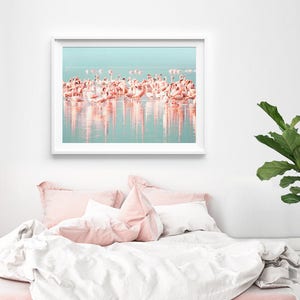 Flamingo Print, Instant Digital Download, Large Printable Wall Art Poster, Birds Photography, Pastel Pink, Blue, Aqua, Tropical Water image 2