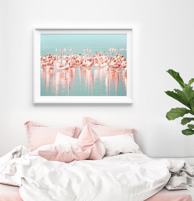 Flamingo Print, Instant Digital Download, Large Printable Wall Art Poster, Birds Photography, Pastel Pink, Blue, Aqua, Tropical Water image 2