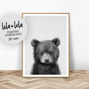 Baby Bear Print, Woodland Animal, Nursery Decor, Printable Digital Download, Forest Animals, Black and White, Large Poster, Bear Cub