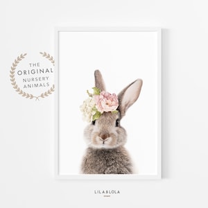 Nursery Wall Art ~ Bunny Print ~ Decoración de dormitorio para niñas ~ Conejo con corona floral ~ Impreso y enviado