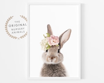 Nursery Wall Art ~ Bunny Print ~ Girls Bedroom Decor ~ Coniglio con corona floreale ~ Stampato e spedito