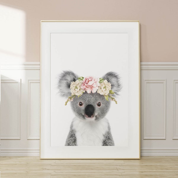 Baby Koala Wall Art Print ~ Australisch babydier met bloemenkroon ~ afdrukbare digitale download
