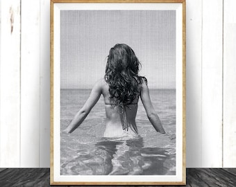 Beach Art Photography, Black and White, Modern Coastal Photo Wall Art Decor, Beach Print, Beach Decor, Printable Art, Woman in Ocean Photo