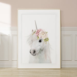 Lámina de unicornio para pared de guardería, regalo de unicornio para niñas, arte de pared imprimible de unicornio con motivos florales rosas