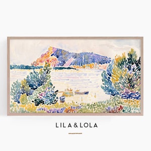 May include: A watercolor painting of a landscape with a hill in the background, a body of water in the foreground, and trees on either side. The water is a light blue color, and the trees are a mix of green, blue, and purple.