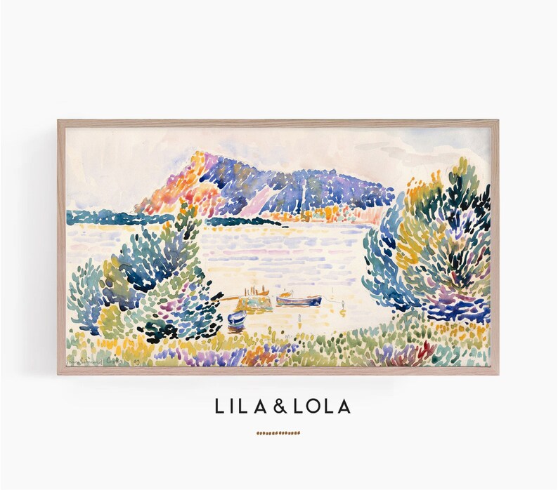 May include: A watercolor painting of a landscape with a hill in the background, a body of water in the foreground, and trees on either side. The water is a light blue color, and the trees are a mix of green, blue, and purple.