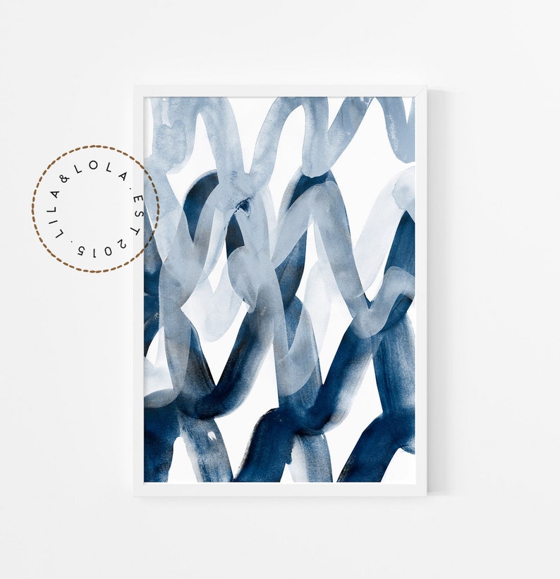 Navy Blue Abstract Print Printable Wall Art Watercolour Brush Stroke Painting Hamptons Beach Style Decor image 1