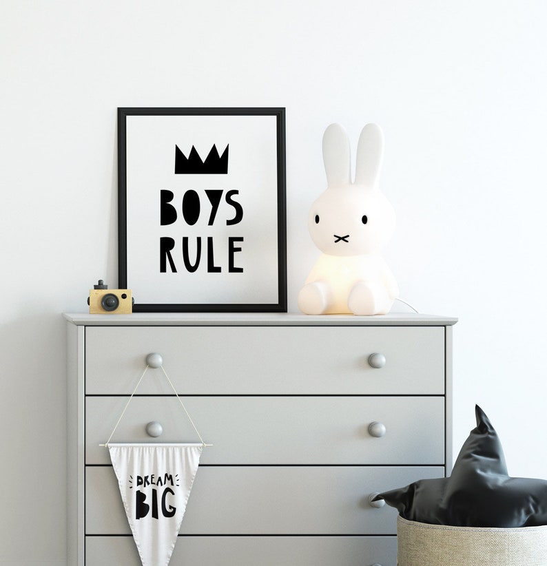 Boys Rule Print, Nursery Decor, Scandinavian Kids, Printable Wall Art, Black and White, Modern Quote, Playroom Poster image 2