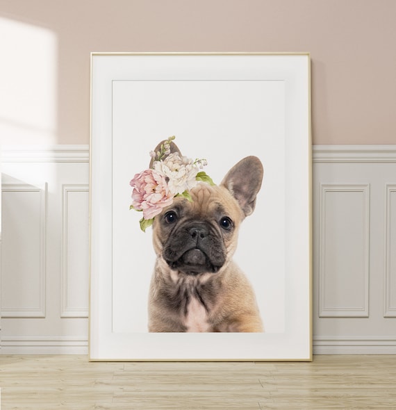 French Bulldog Print ~ Nursery Wall Art ~ Girls Bedroom Decor ~ Puppy Dog with Pink Floral Crown ~ Printable Digital Download