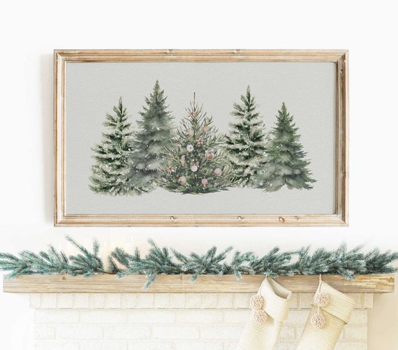 Samsung frame tv art Christmas, frame tv art Winter, watercolour Christmas pine trees, farmhouse home holiday decor