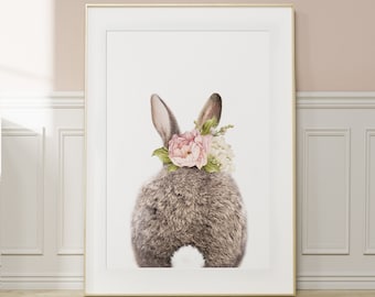 Bunny Rabbit Tail Print ~ Girls Nursery Printable Wall Art ~ Pink Watercolour Flowers