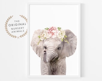 Elephant Wall Art Print ~ Poster Printed and Shipped ~ Girls Bedroom Wall Art ~ Safari Animal Nursery Decor with Flowers