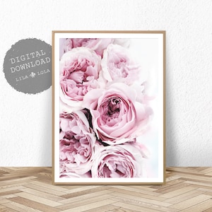 Bedroom Wall Decor, Peony Art Print, Pink and Grey Floral Digital Download, Printable Peonie Roses Poster, Flower Photography, Blush Prints