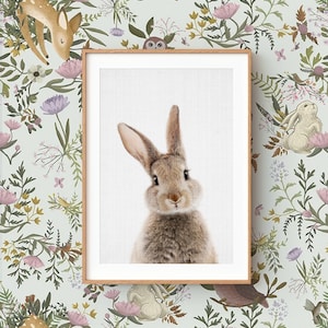 Bunny Rabbit Wall Art Print Woodland Animal Nursery Decor Printable Digital Download Grey Background image 1