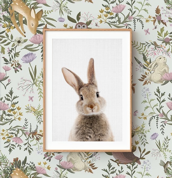 Bunny Rabbit Wall Art Print ~ Woodland Animal Nursery Decor ~ Printable Digital Download ~ Grey Background
